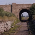 In gorge looking north from Canada's First Railway Tunnel to CN corridor bridge, circa 1970s or 80s.